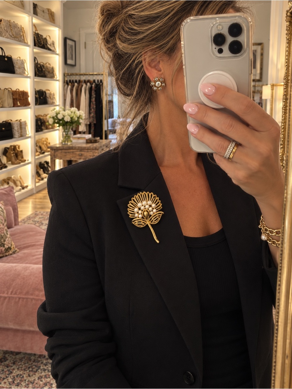vintage gold-tone faux-pearl floral spray brooch